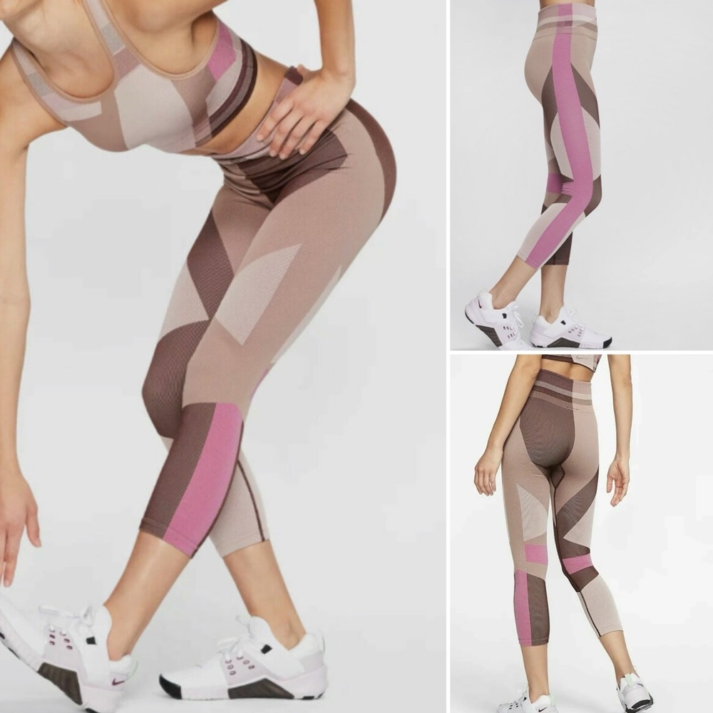 Nike Sculpt Icon Clash 7/8 Seamless Leggings Pink Brown Women's Small High Rise